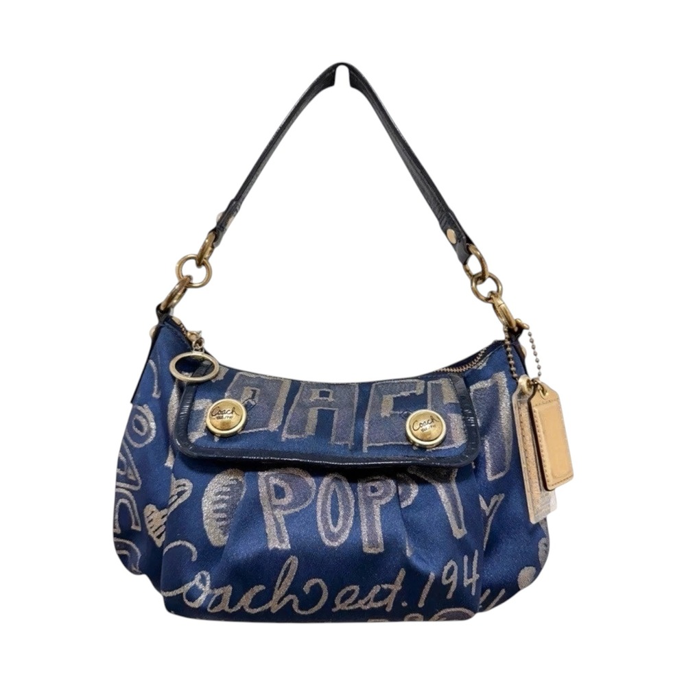 Coach Poppy Story Patch Shoulder Bag‎ Navy Metallic Gold Graffiti Satin 15302